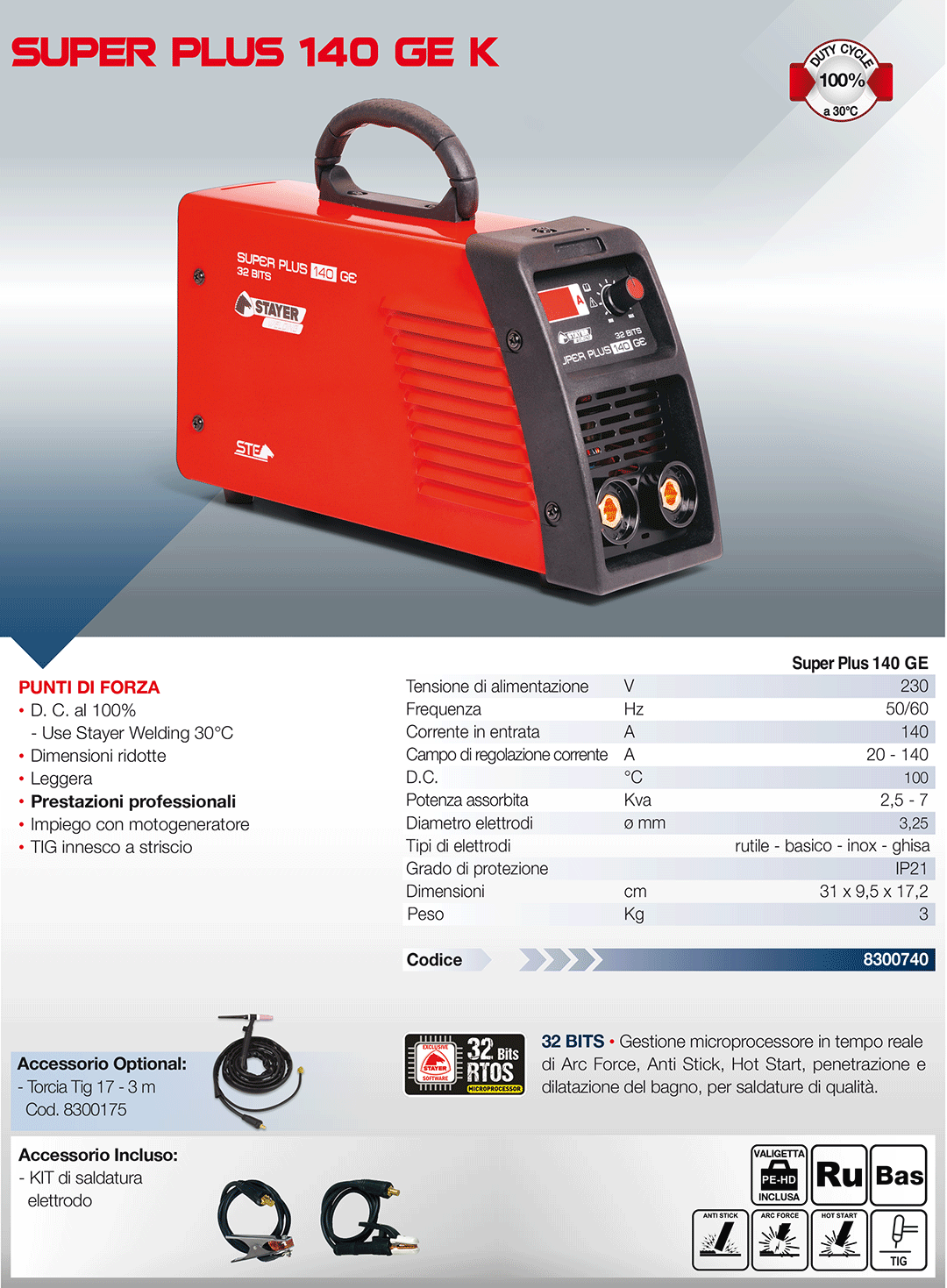 STAYER - Saldatrice Inverter 140A Super Plus 140 GE K | Elettrodi | TIG | Valigia | Kit Completo
